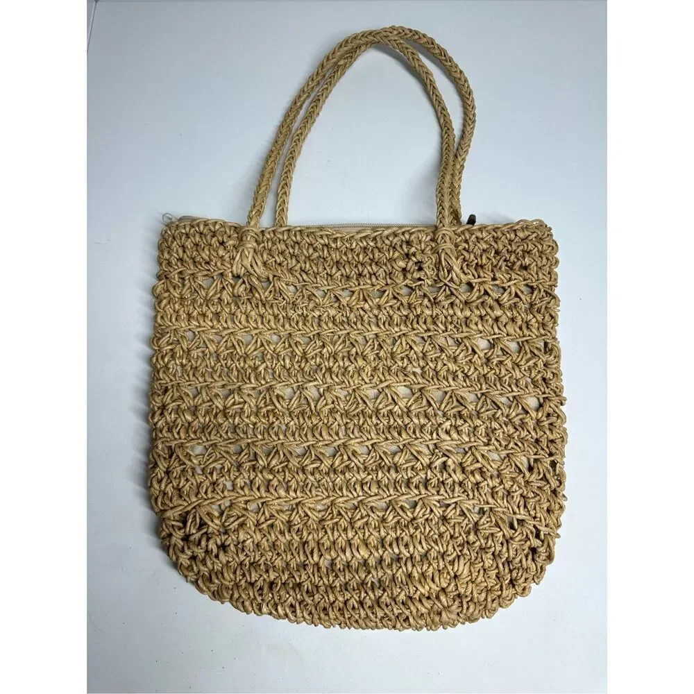Vintage Cappelli Straworld Inc Large Tote With Safari Animal Wood Beads Notes